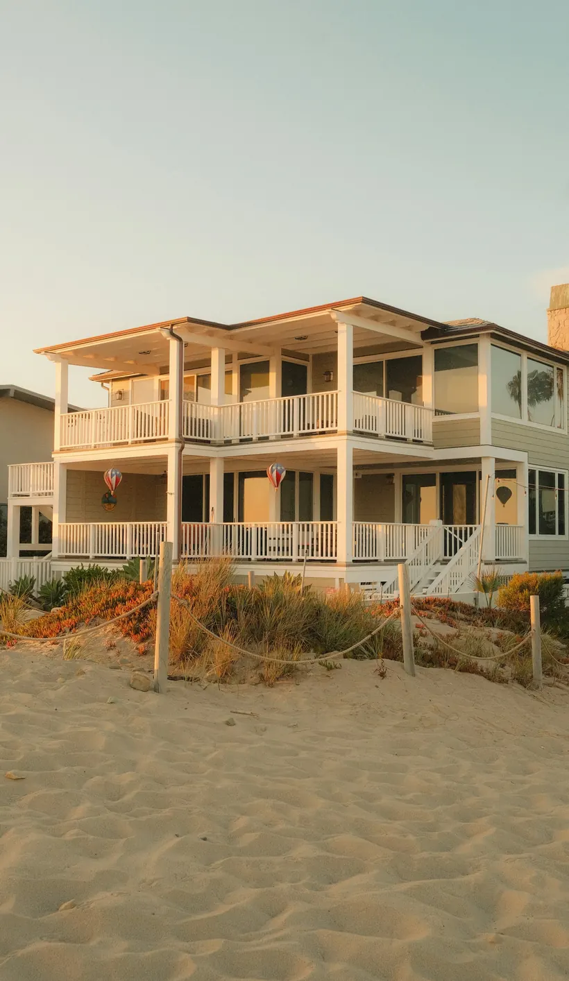 Two-story beach house with wraparound white porches above the dunes at golden hour
